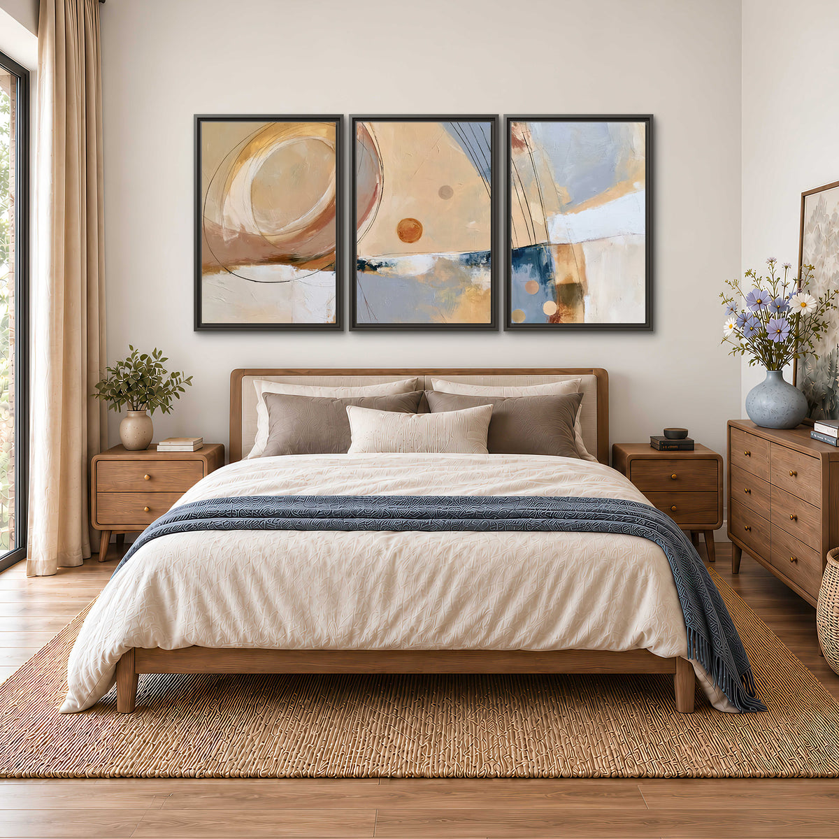 Pale circular forms and fine diagonal lines layered over blue, peach and cream brushstrokes 3 piece framed canvas wall art styled in an interior