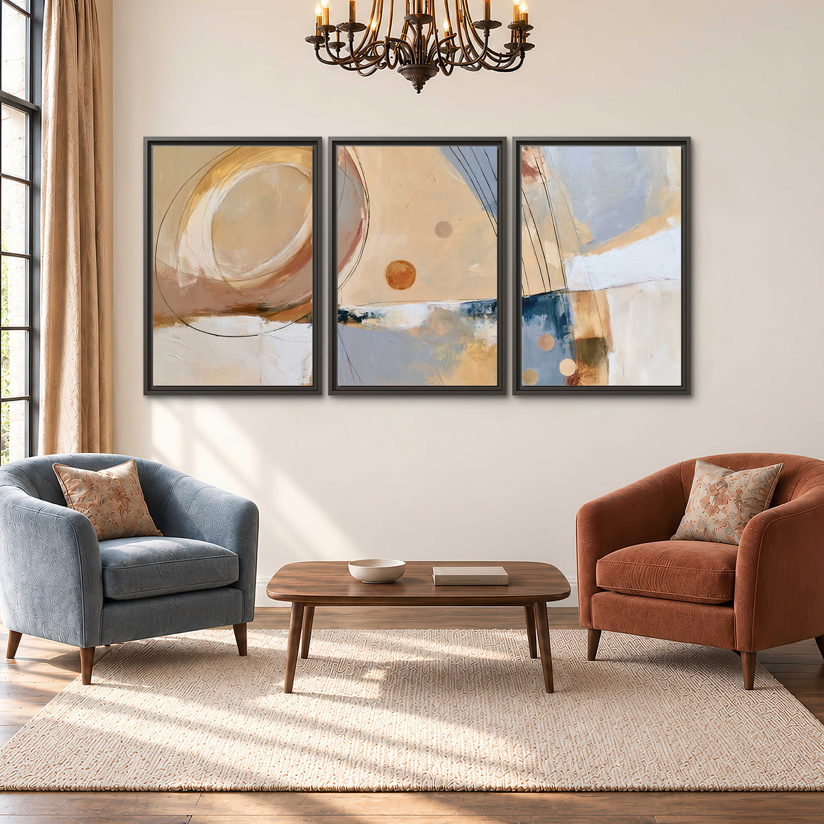 Pale circular forms and fine diagonal lines layered over blue, peach and cream brushstrokes 3 piece framed canvas wall art styled in an interior