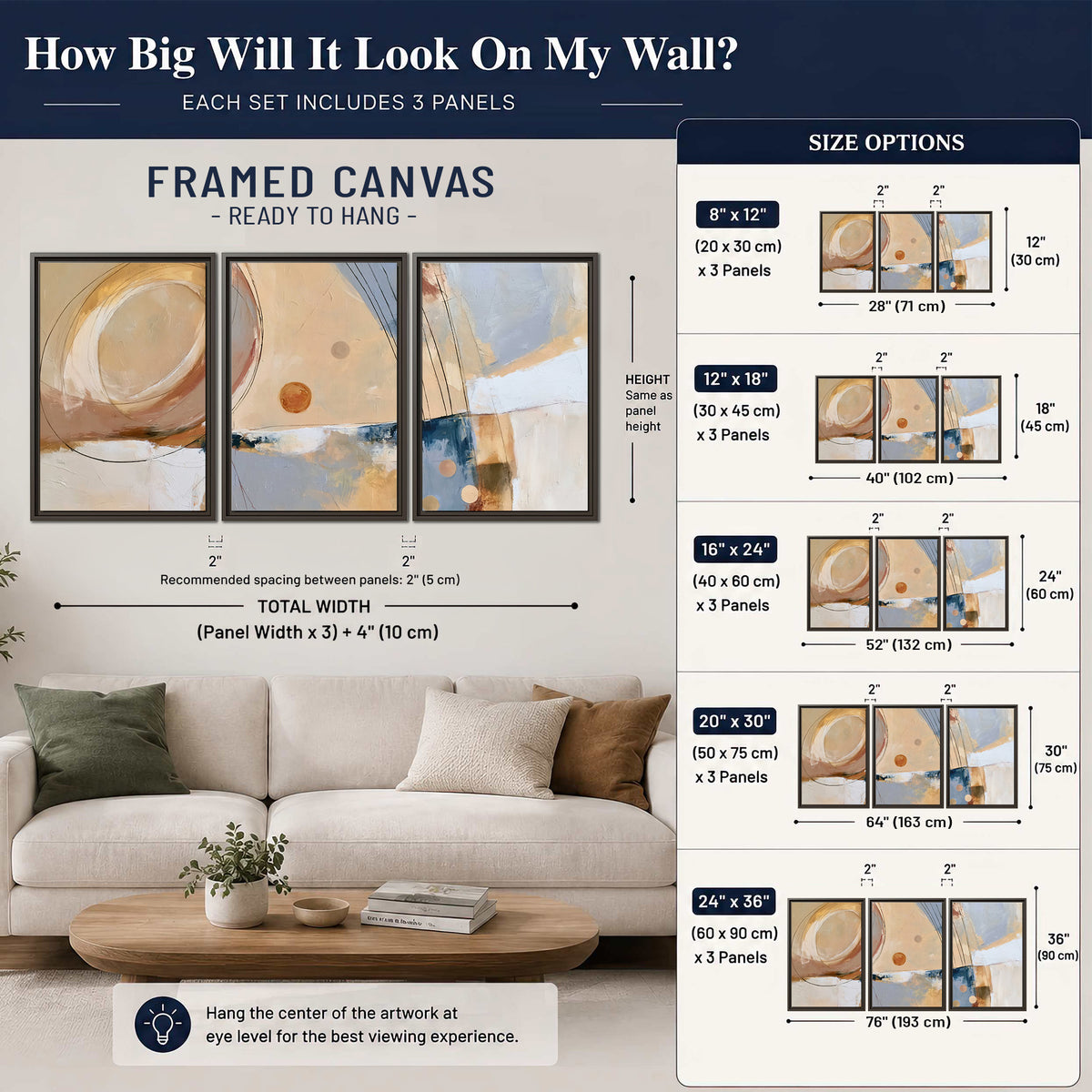 Pale circular forms and fine diagonal lines layered over blue, peach and cream brushstrokes 3 piece framed canvas wall art size guide above a sofa; room view is illustrative