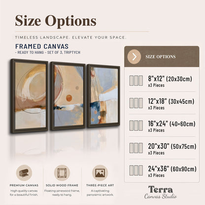 Pale circular forms and fine diagonal lines layered over blue, peach and cream brushstrokes 3 piece framed canvas wall art available dimensions; triptych dimensions are per panel