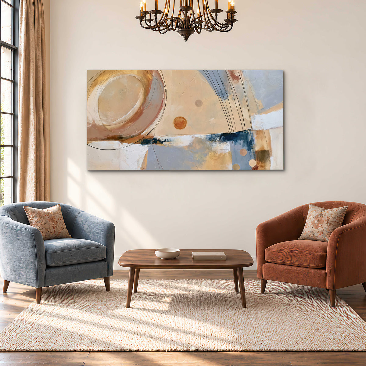 Pale circular forms and fine diagonal lines layered over blue, peach and cream brushstrokes single canvas wall art styled in an interior