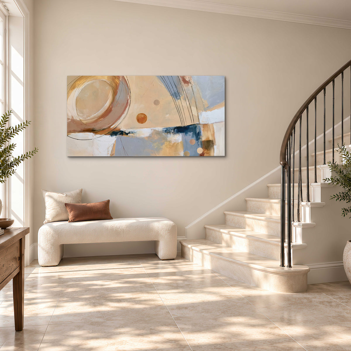 Pale circular forms and fine diagonal lines layered over blue, peach and cream brushstrokes single canvas wall art styled in an interior