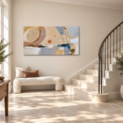 Pale circular forms and fine diagonal lines layered over blue, peach and cream brushstrokes single canvas wall art styled in an interior