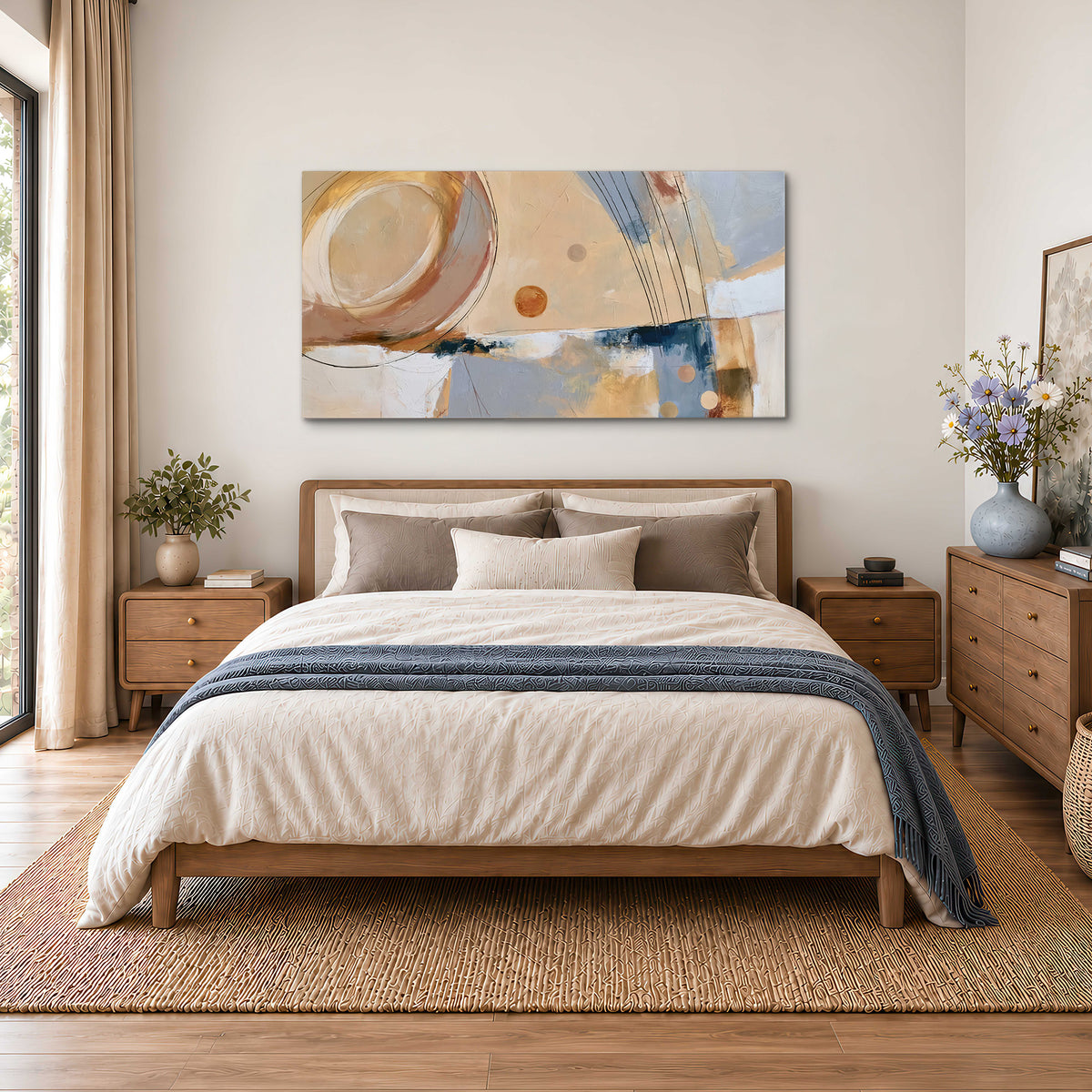 Pale circular forms and fine diagonal lines layered over blue, peach and cream brushstrokes single canvas wall art styled in an interior