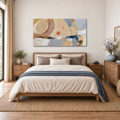 Pale circular forms and fine diagonal lines layered over blue, peach and cream brushstrokes single canvas wall art styled in an interior