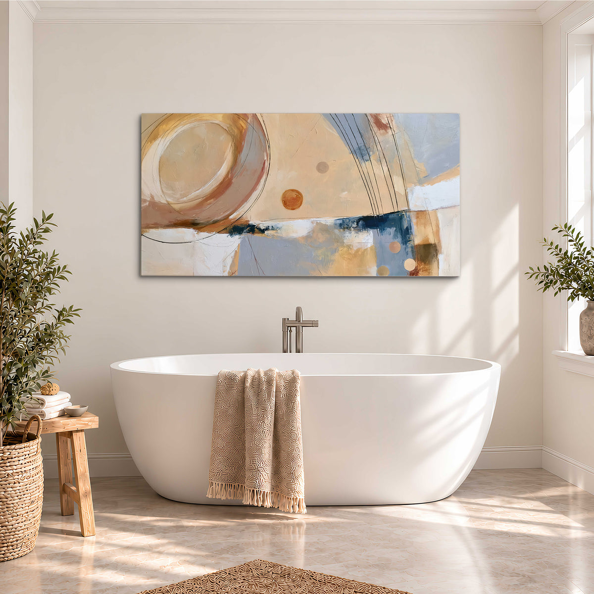 Pale circular forms and fine diagonal lines layered over blue, peach and cream brushstrokes single canvas wall art styled in an interior