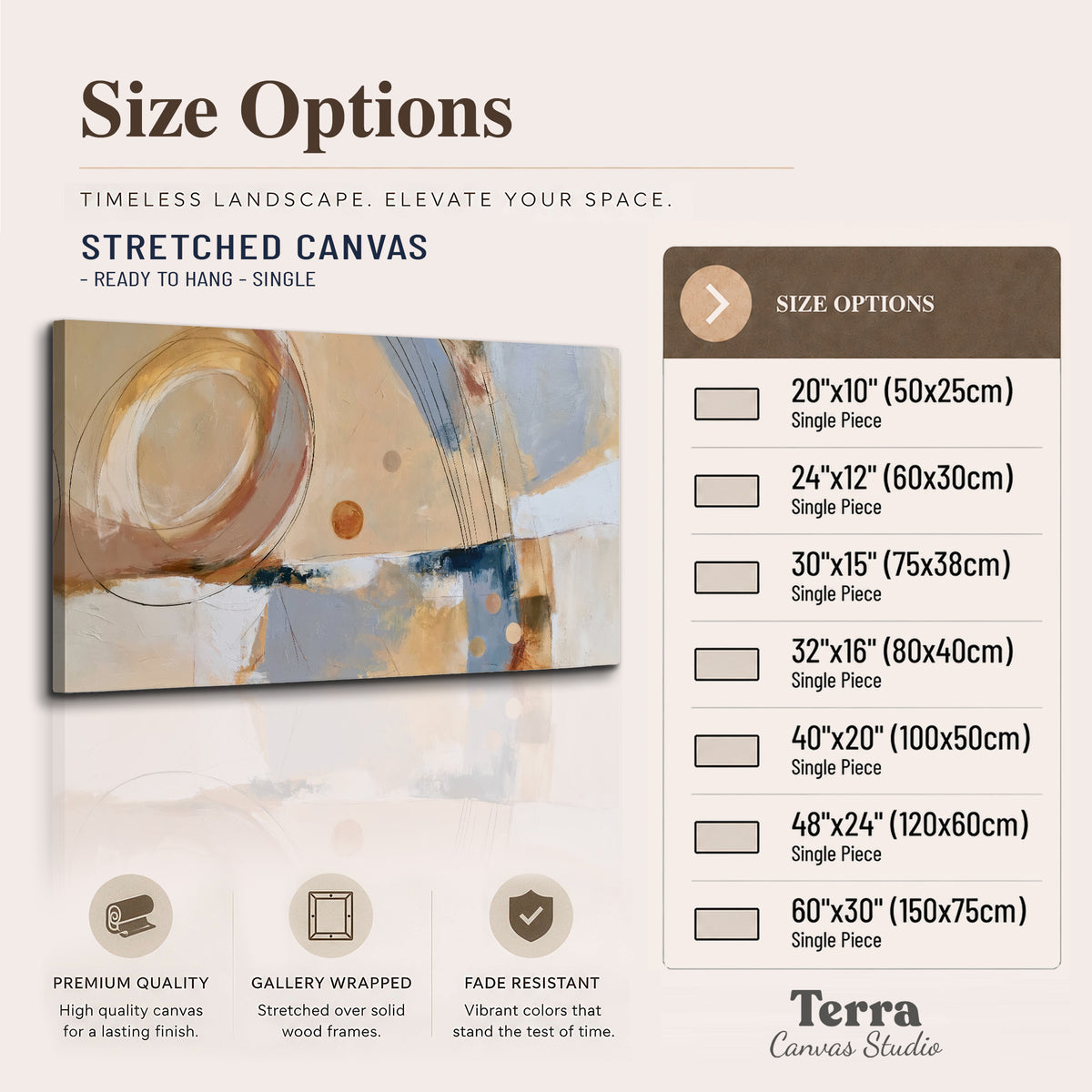Pale circular forms and fine diagonal lines layered over blue, peach and cream brushstrokes single canvas wall art available dimensions