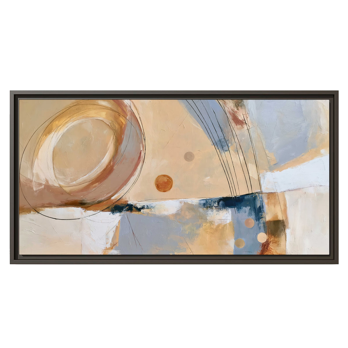 Pale circular forms and fine diagonal lines layered over blue, peach and cream brushstrokes single framed canvas wall art viewed straight on