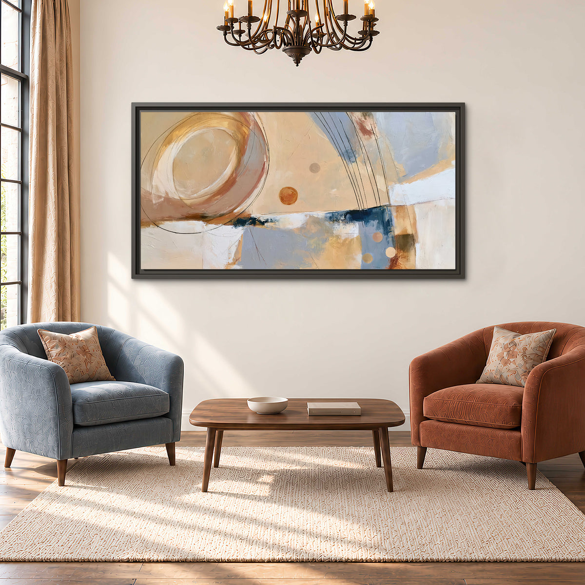 Pale circular forms and fine diagonal lines layered over blue, peach and cream brushstrokes single framed canvas wall art styled in an interior