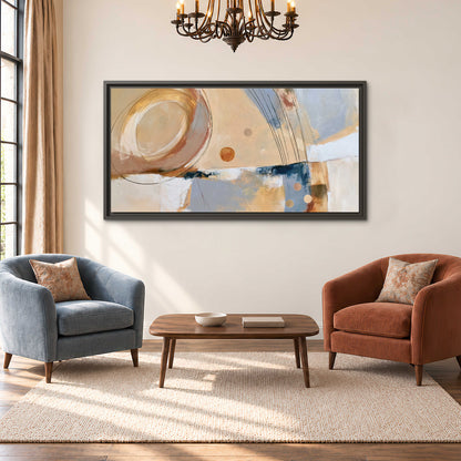 Pale circular forms and fine diagonal lines layered over blue, peach and cream brushstrokes single framed canvas wall art styled in an interior