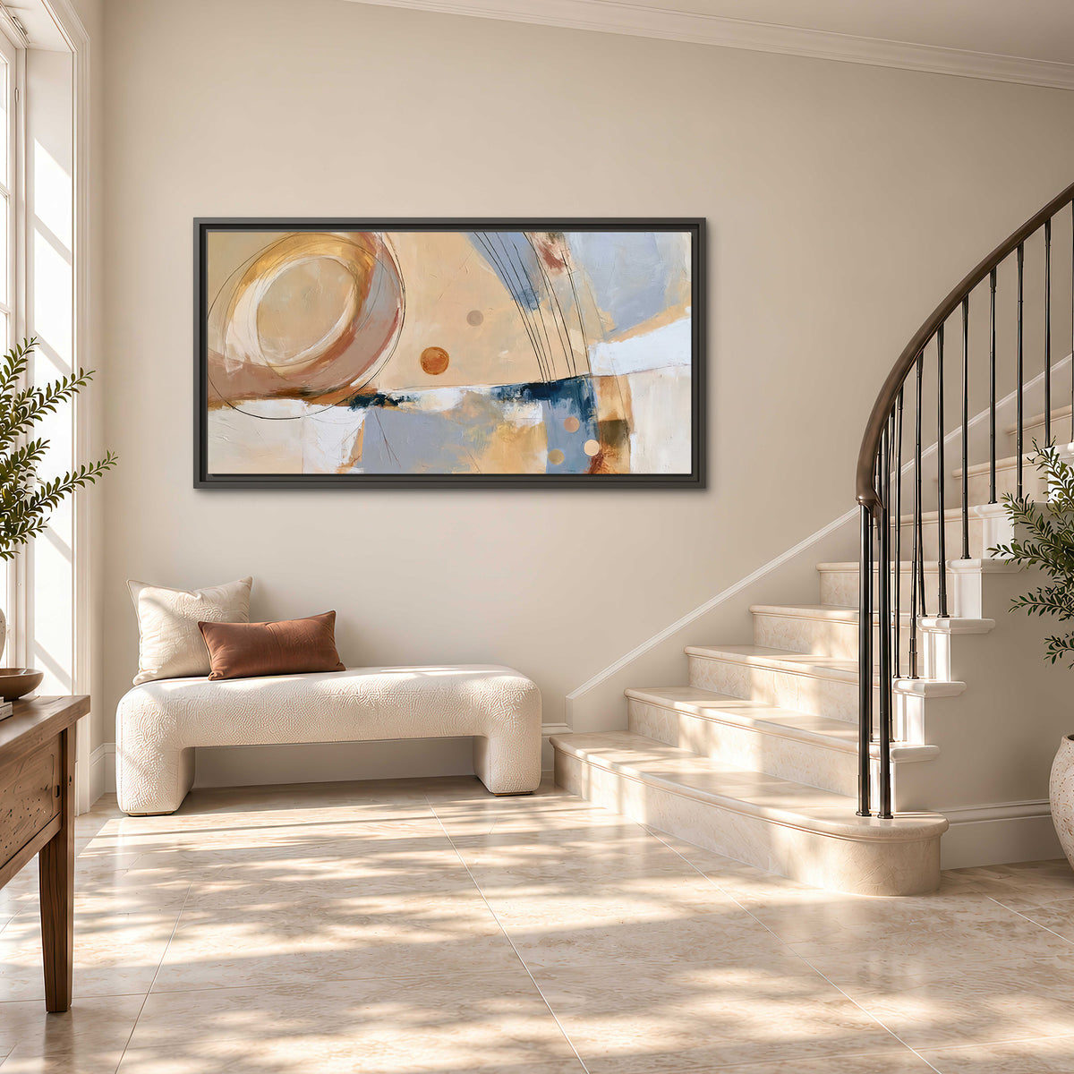 Pale circular forms and fine diagonal lines layered over blue, peach and cream brushstrokes single framed canvas wall art styled in an interior