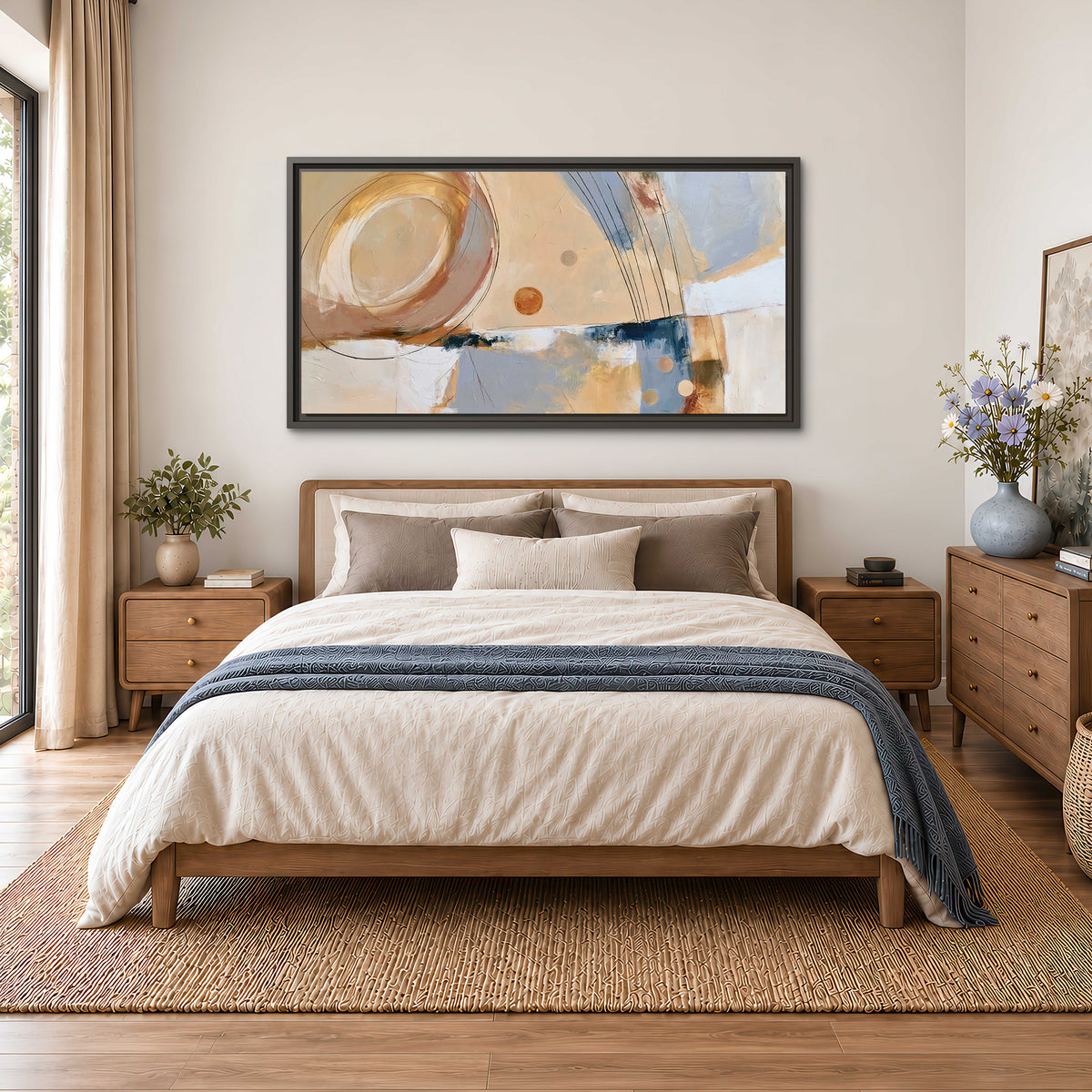 Pale circular forms and fine diagonal lines layered over blue, peach and cream brushstrokes single framed canvas wall art styled in an interior
