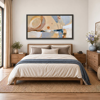 Pale circular forms and fine diagonal lines layered over blue, peach and cream brushstrokes single framed canvas wall art styled in an interior
