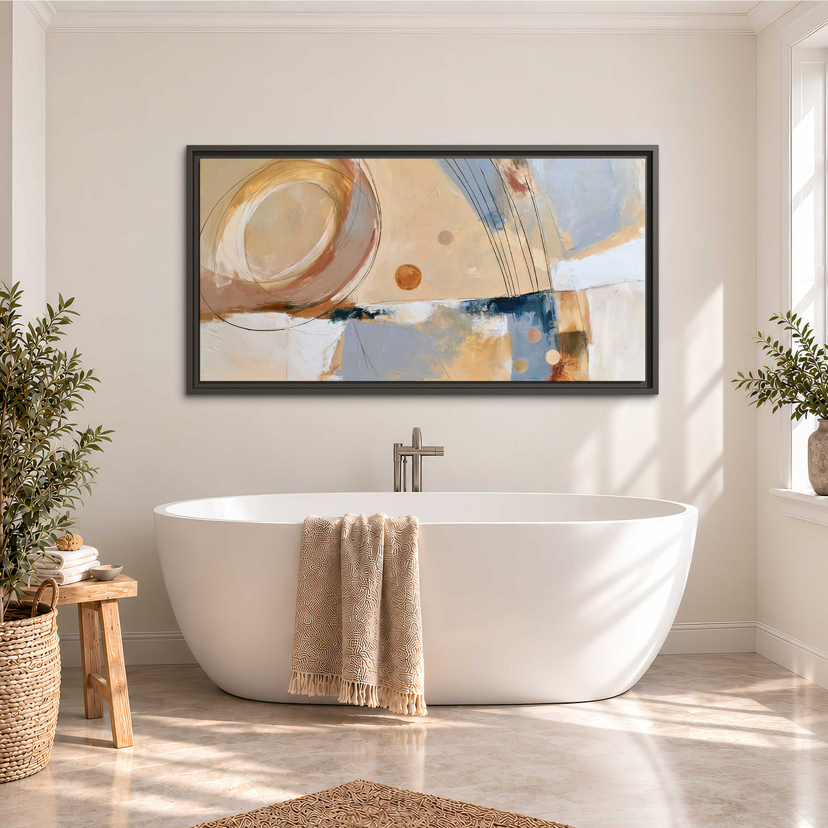 Pale circular forms and fine diagonal lines layered over blue, peach and cream brushstrokes single framed canvas wall art styled in an interior