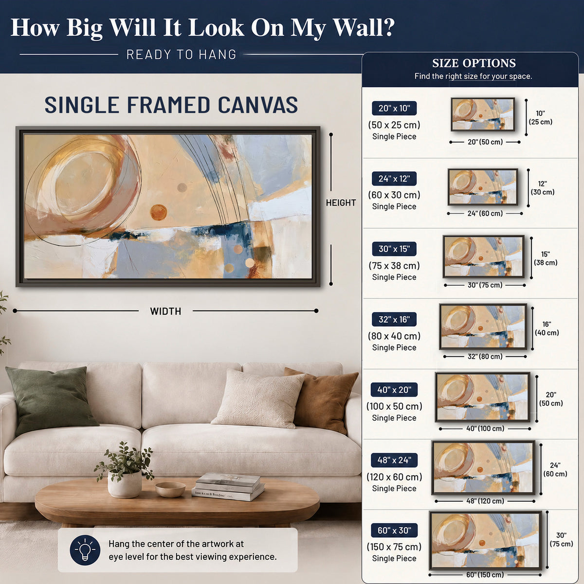 Pale circular forms and fine diagonal lines layered over blue, peach and cream brushstrokes single framed canvas wall art size guide above a sofa; room view is illustrative