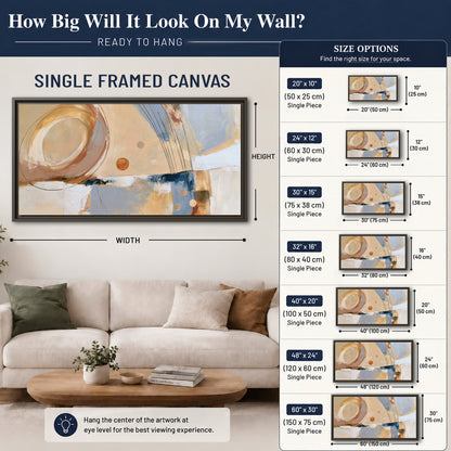 Pale circular forms and fine diagonal lines layered over blue, peach and cream brushstrokes single framed canvas wall art size guide above a sofa; room view is illustrative