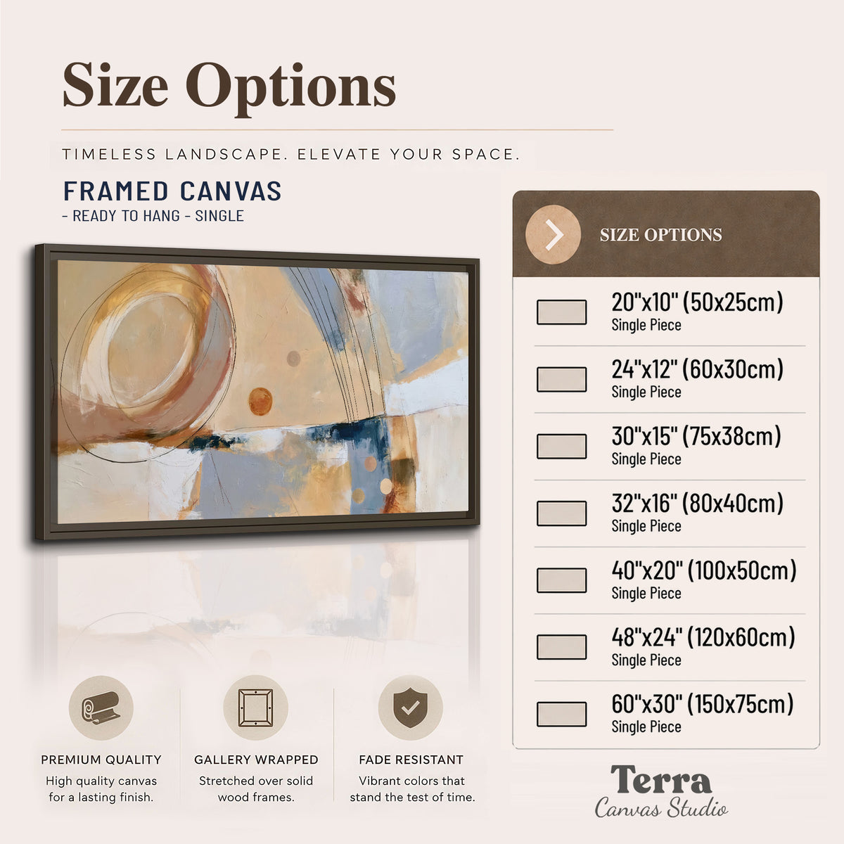 Pale circular forms and fine diagonal lines layered over blue, peach and cream brushstrokes single framed canvas wall art available dimensions