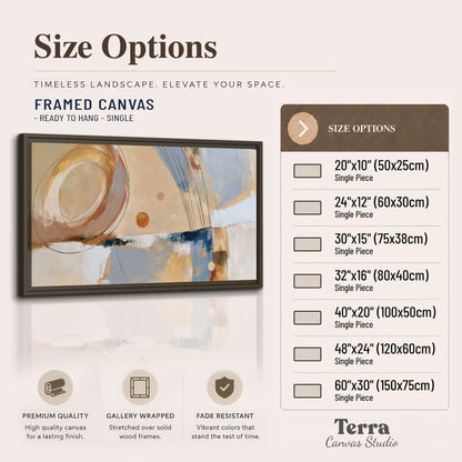 Pale circular forms and fine diagonal lines layered over blue, peach and cream brushstrokes single framed canvas wall art available dimensions