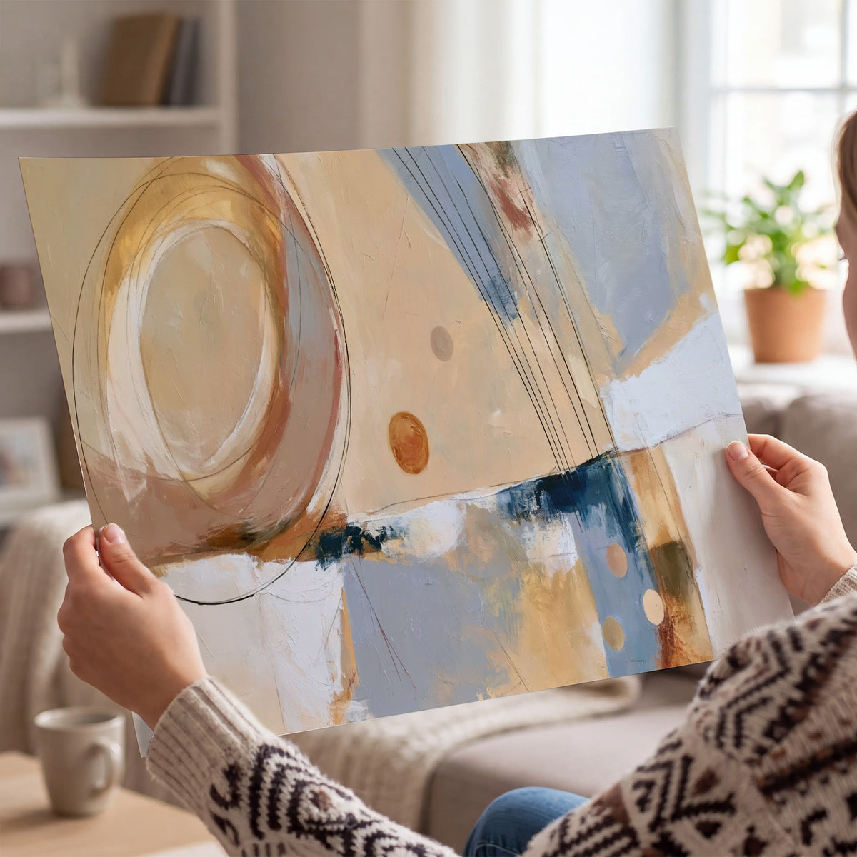 Pale circular forms and fine diagonal lines layered over blue, peach and cream brushstrokes single poster print held in hands