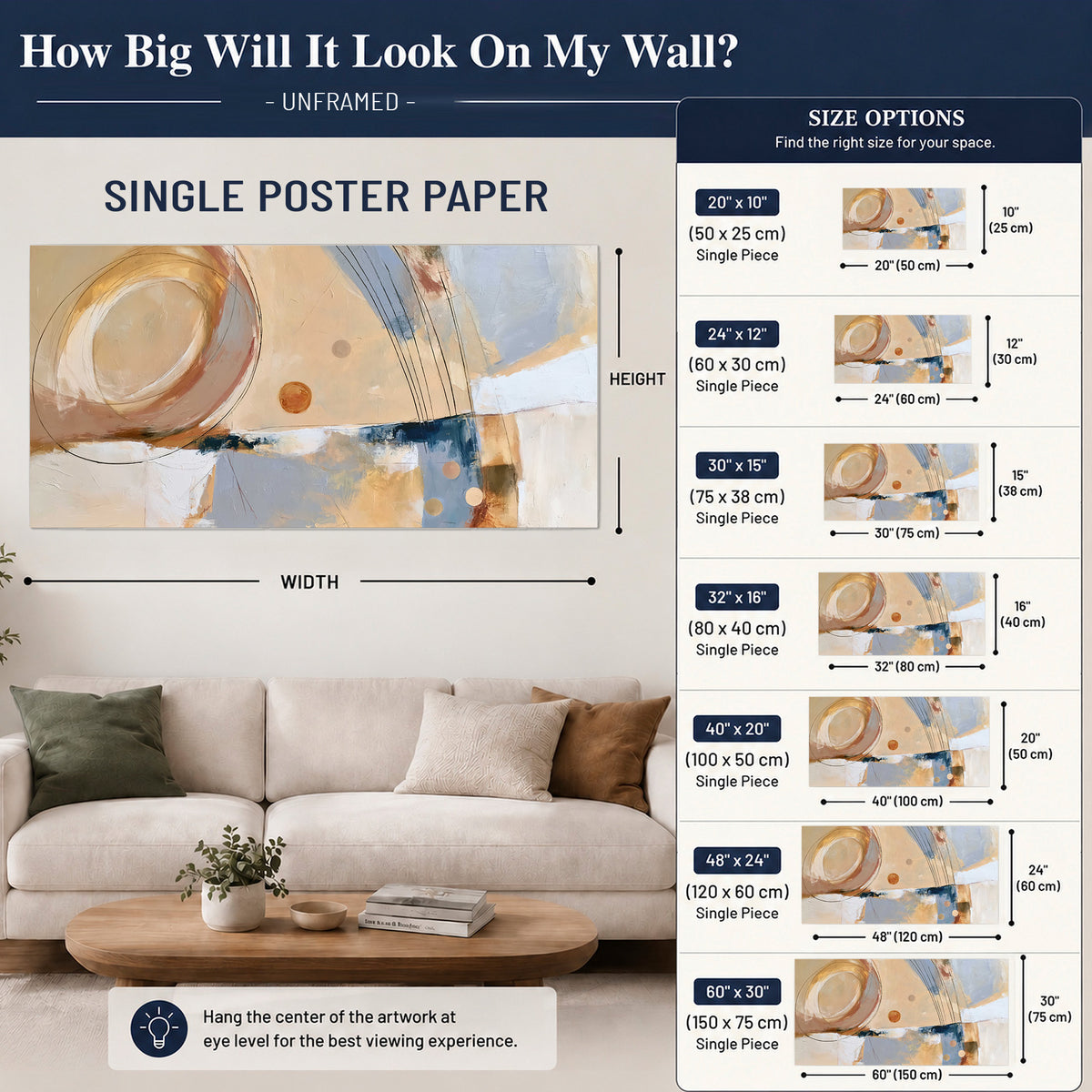 Pale circular forms and fine diagonal lines layered over blue, peach and cream brushstrokes single poster print size guide above a sofa; room view is illustrative