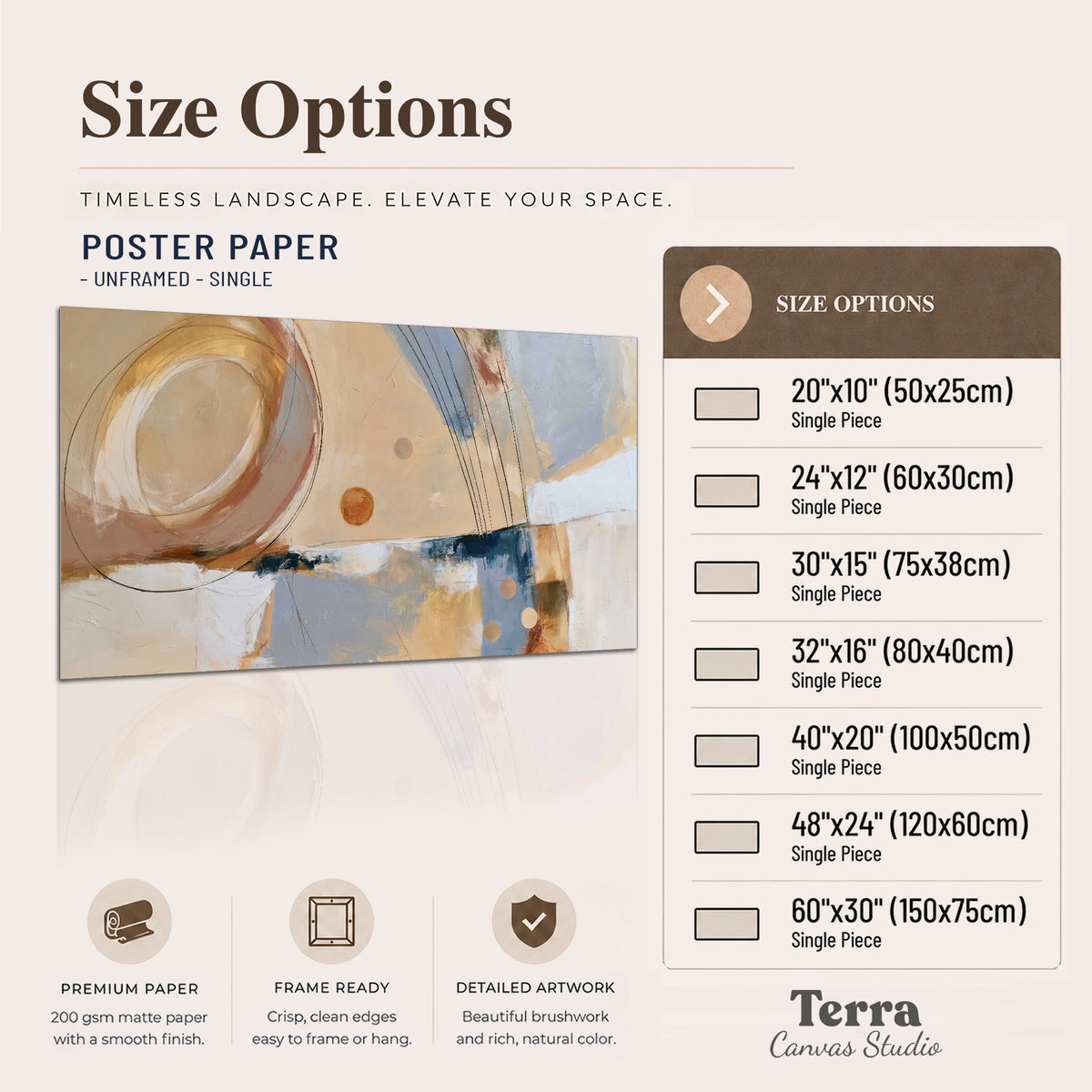 Pale circular forms and fine diagonal lines layered over blue, peach and cream brushstrokes single poster print available dimensions