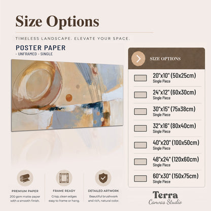 Pale circular forms and fine diagonal lines layered over blue, peach and cream brushstrokes single poster print available dimensions