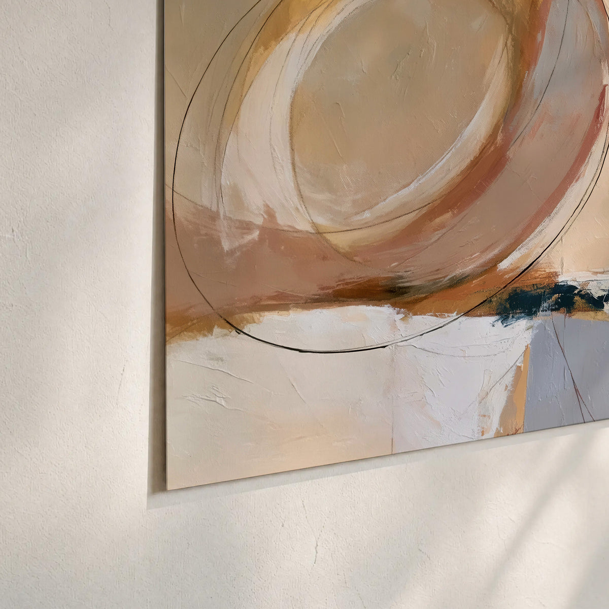 Pale circular forms and fine diagonal lines layered over blue, peach and cream brushstrokes set of 3 poster prints material and edge close up
