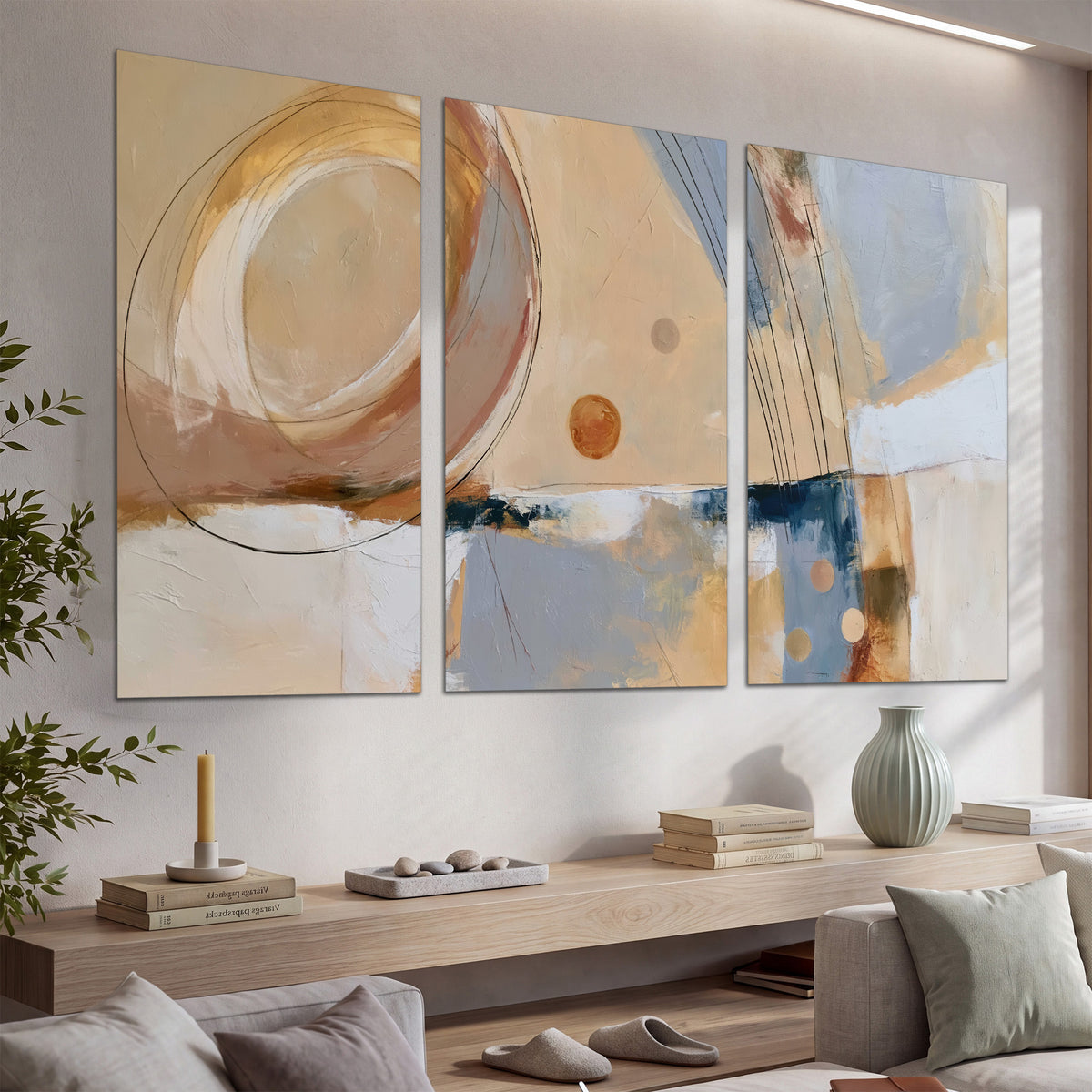 Pale circular forms and fine diagonal lines layered over blue, peach and cream brushstrokes set of 3 poster prints displayed in a console