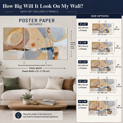 Pale circular forms and fine diagonal lines layered over blue, peach and cream brushstrokes set of 3 poster prints size guide above a sofa; room view is illustrative