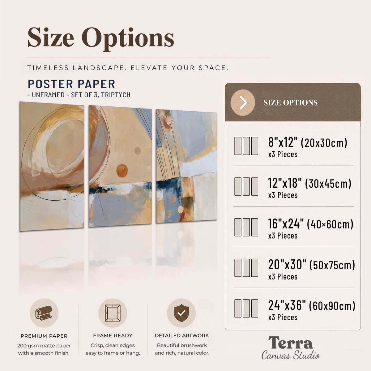 Pale circular forms and fine diagonal lines layered over blue, peach and cream brushstrokes set of 3 poster prints available dimensions; triptych dimensions are per panel