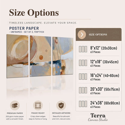 Pale circular forms and fine diagonal lines layered over blue, peach and cream brushstrokes set of 3 poster prints available dimensions; triptych dimensions are per panel