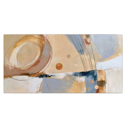 Pale circular forms and fine diagonal lines layered over blue, peach and cream brushstrokes single canvas wall art viewed straight on