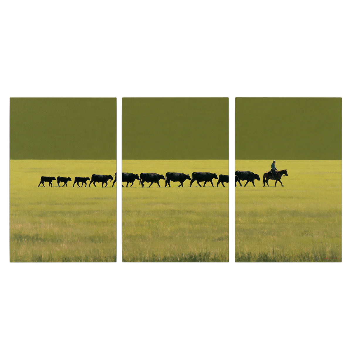 A rider leading a long line of cattle across a wide green and golden plain 3 piece canvas wall art viewed straight on