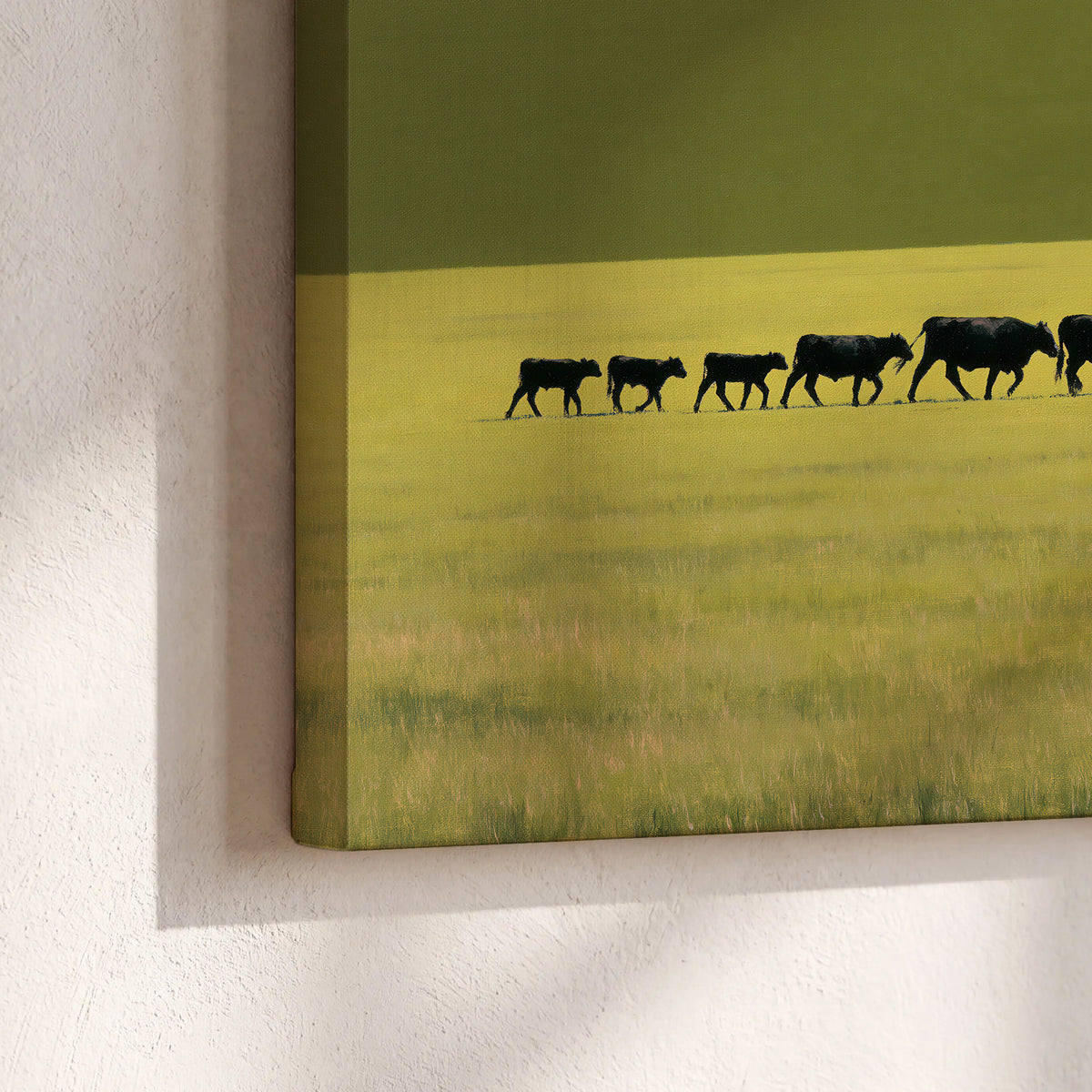 A rider leading a long line of cattle across a wide green and golden plain 3 piece canvas wall art material and edge close up