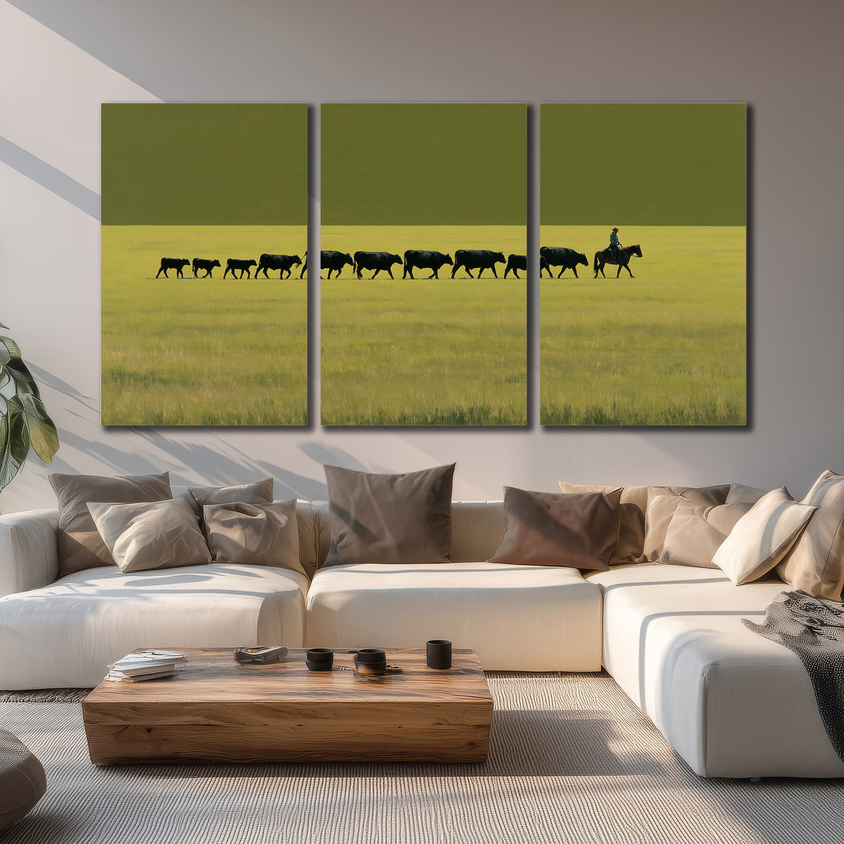 A rider leading a long line of cattle across a wide green and golden plain 3 piece canvas wall art displayed in a living room