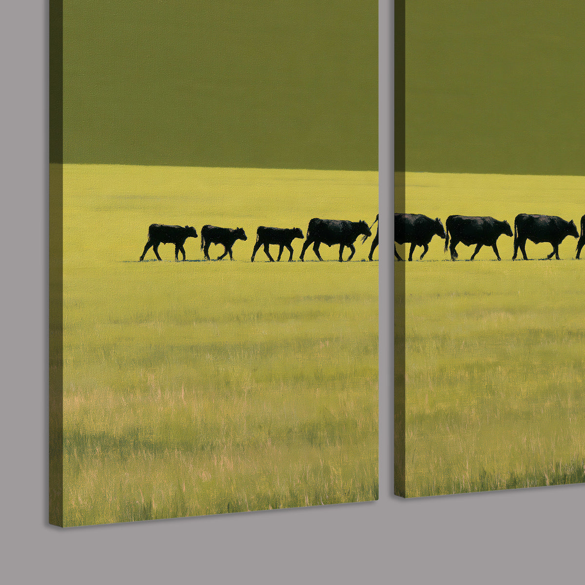 A rider leading a long line of cattle across a wide green and golden plain 3 piece canvas wall art room and product view