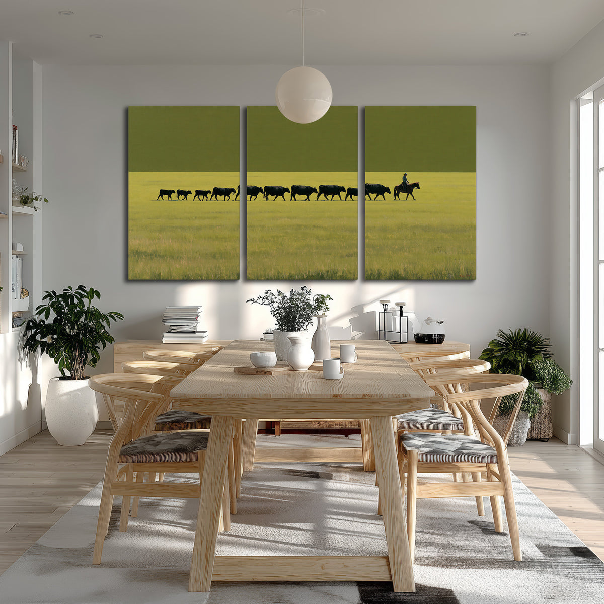 A rider leading a long line of cattle across a wide green and golden plain 3 piece canvas wall art room and product view
