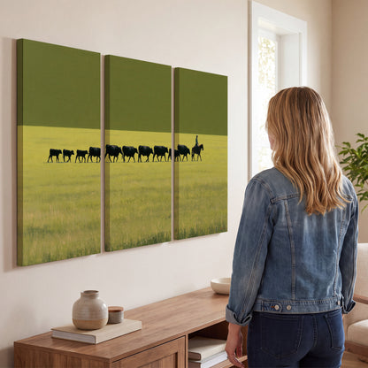 A rider leading a long line of cattle across a wide green and golden plain 3 piece canvas wall art three panel arrangement on a wall