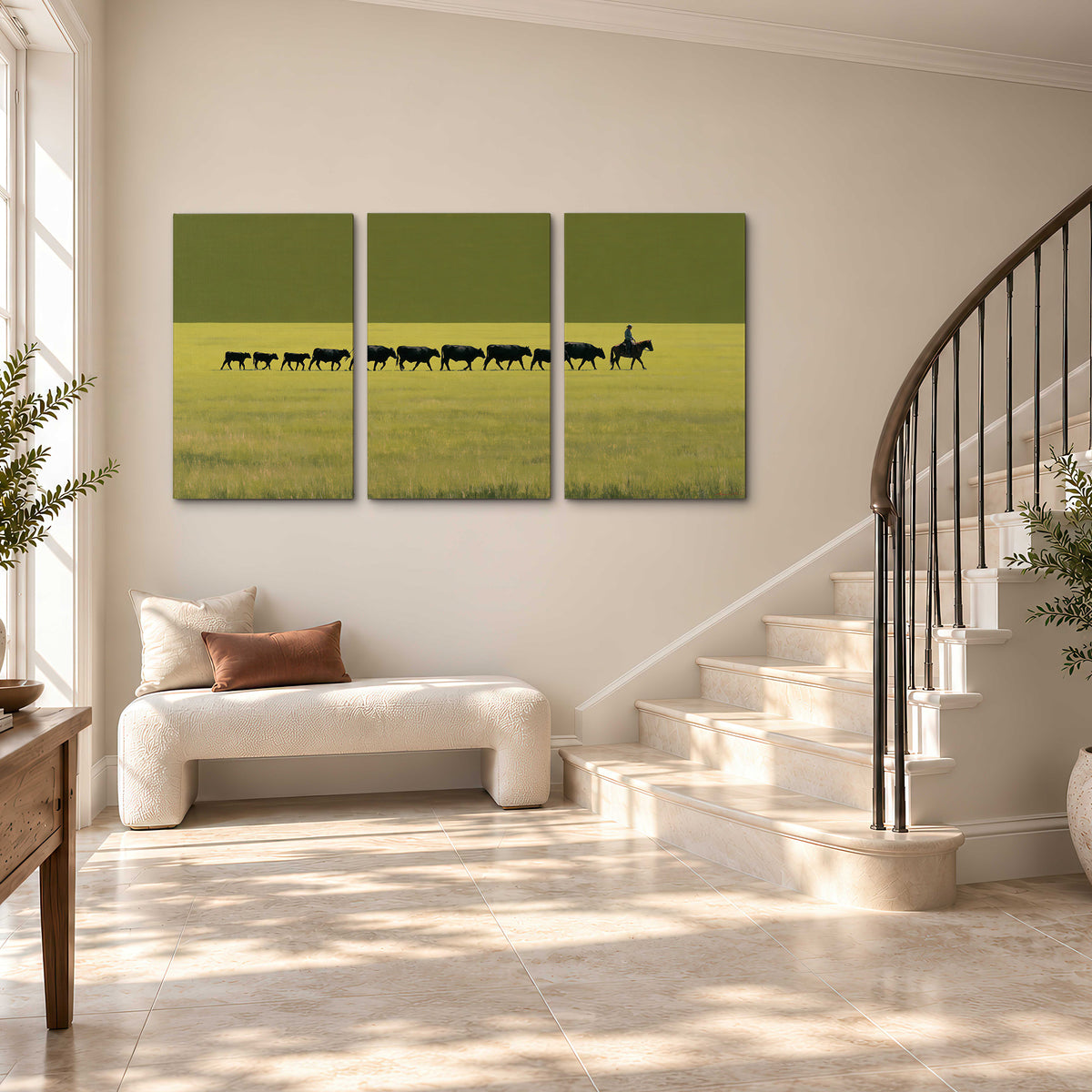 A rider leading a long line of cattle across a wide green and golden plain 3 piece canvas wall art styled in an interior