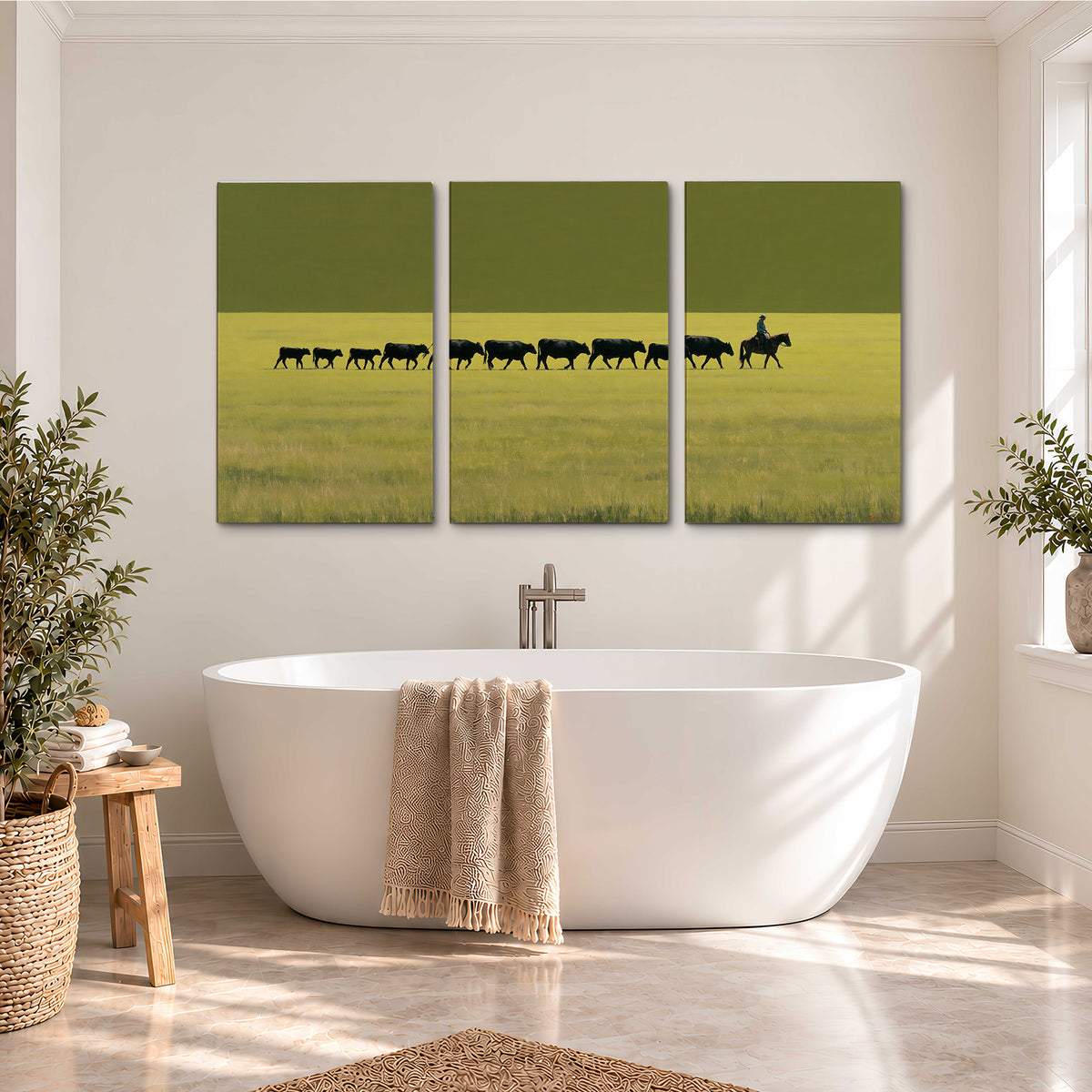 A rider leading a long line of cattle across a wide green and golden plain 3 piece canvas wall art styled in an interior