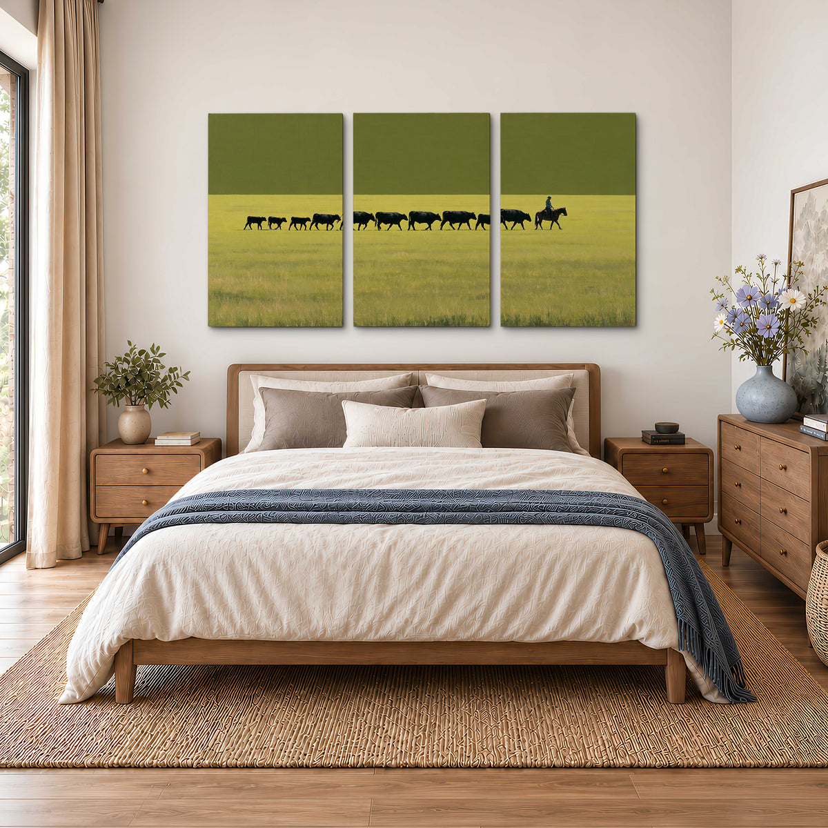 A rider leading a long line of cattle across a wide green and golden plain 3 piece canvas wall art styled in an interior