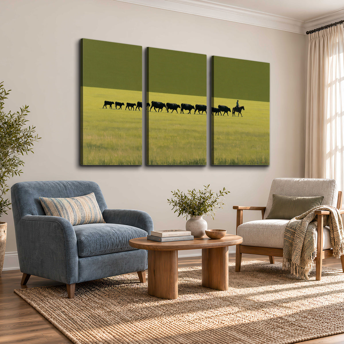 A rider leading a long line of cattle across a wide green and golden plain 3 piece canvas wall art styled in an interior