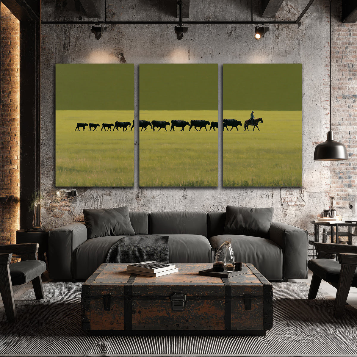 A rider leading a long line of cattle across a wide green and golden plain 3 piece canvas wall art displayed in a industrial room