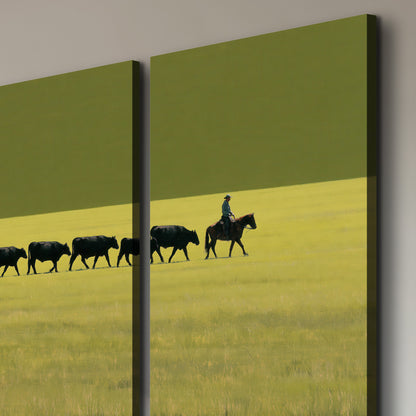A rider leading a long line of cattle across a wide green and golden plain 3 piece canvas wall art room and product view