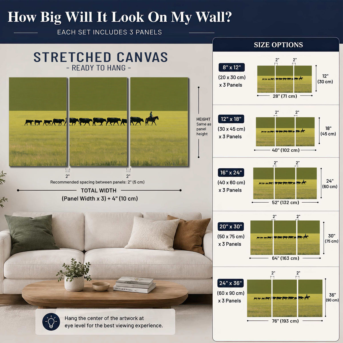 A rider leading a long line of cattle across a wide green and golden plain 3 piece canvas wall art size guide above a sofa; room view is illustrative