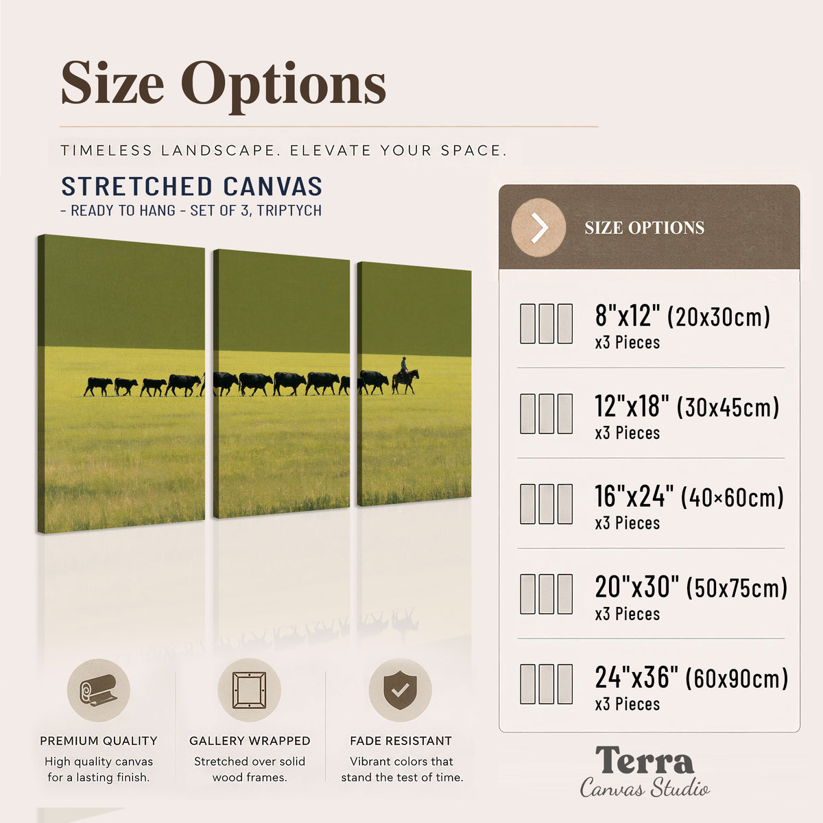 A rider leading a long line of cattle across a wide green and golden plain 3 piece canvas wall art available dimensions; triptych dimensions are per panel