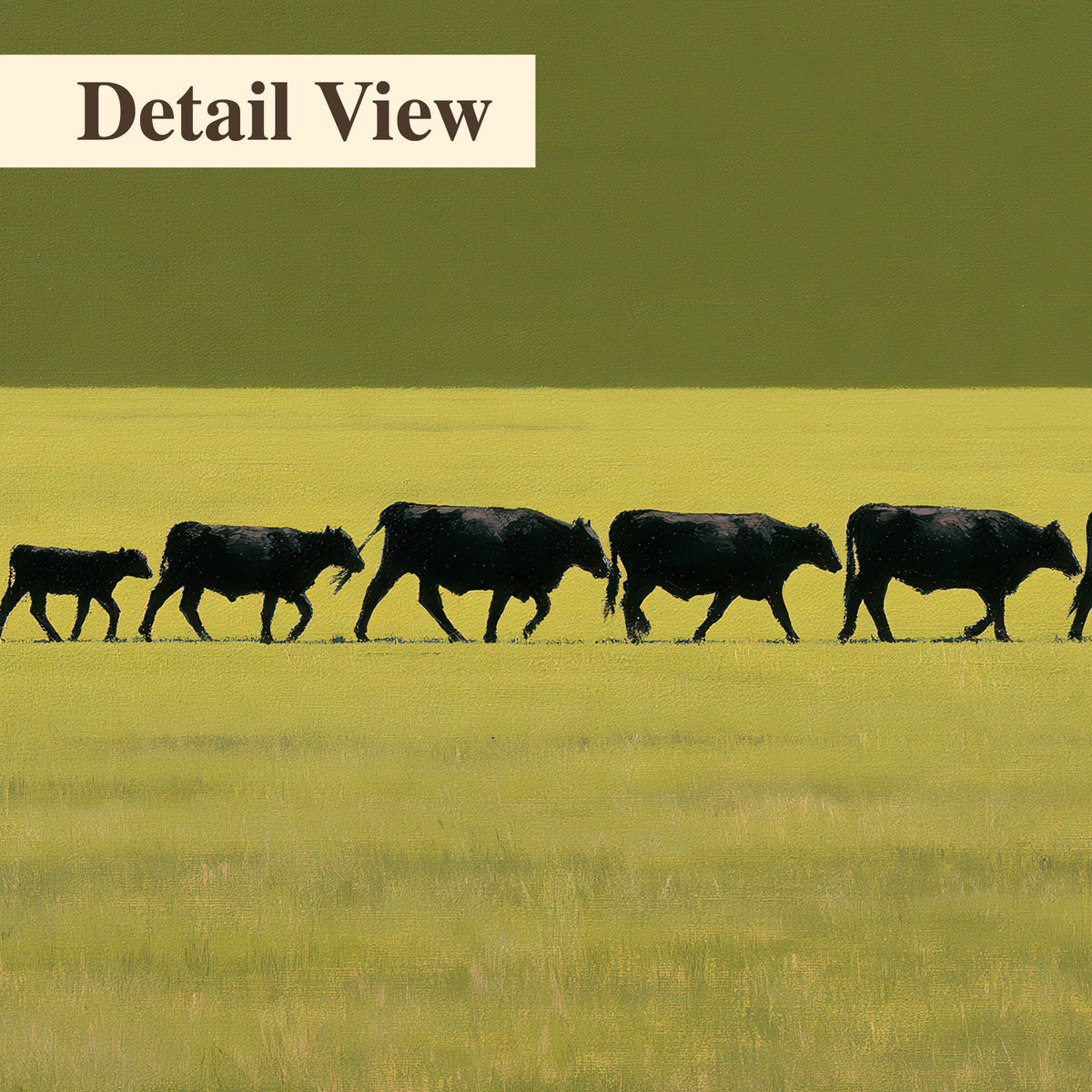 A rider leading a long line of cattle across a wide green and golden plain 3 piece canvas wall art artwork detail close up