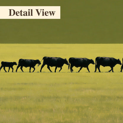A rider leading a long line of cattle across a wide green and golden plain 3 piece canvas wall art artwork detail close up