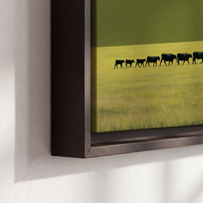 A rider leading a long line of cattle across a wide green and golden plain 3 piece framed canvas wall art material and edge close up