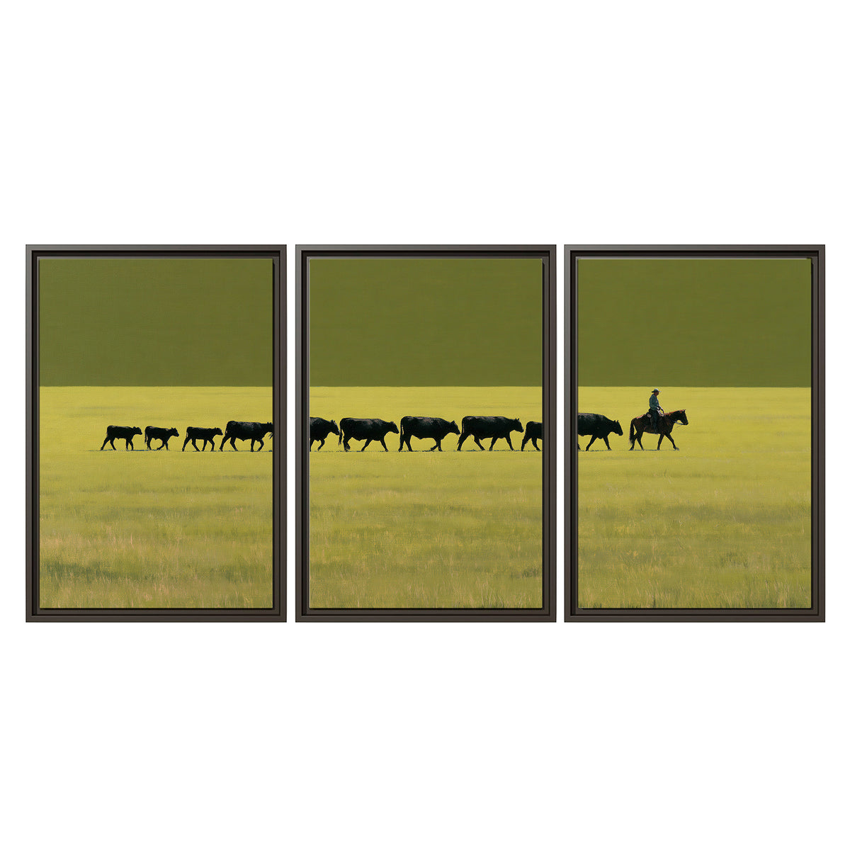A rider leading a long line of cattle across a wide green and golden plain 3 piece framed canvas wall art viewed straight on